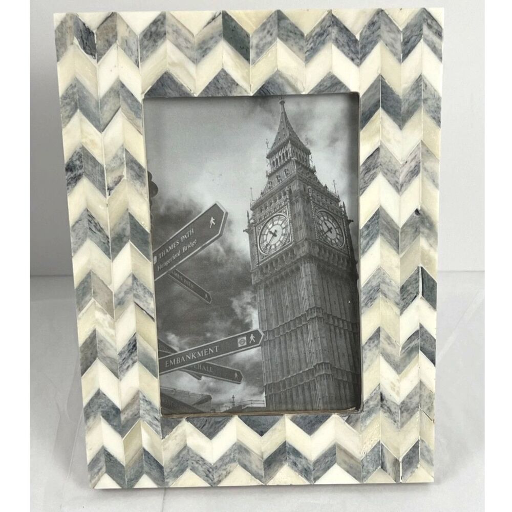 World Market Bone Inlay Picture Frame 4x6 Chevron Mosaic Grey Ivory Boho Decor